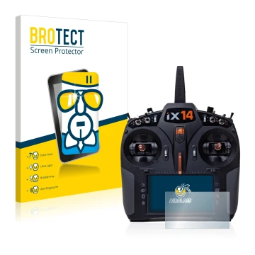 Parte frontal de un envase de producto con el logotipo de la marca BROTECT. Al lado se muestra el dispositivo Spektrum iX14 co