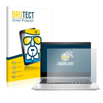 Parte frontal de un envase de producto con el logotipo de la marca BROTECT. Al lado se muestra el dispositivo HP ProBook x360 