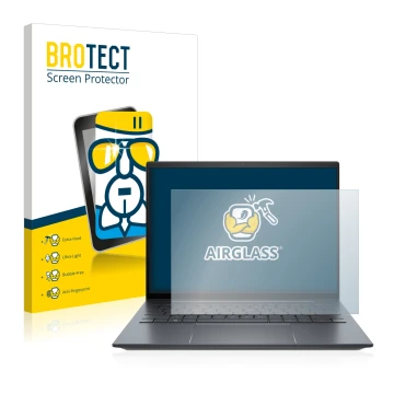 Parte frontal de un envase de producto con el logotipo de la marca BROTECT. Al lado se muestra el dispositivo HP Elite Dragonf