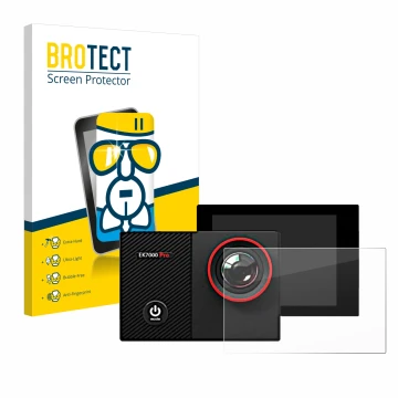 Parte frontal de un envase de producto con el logotipo de la marca BROTECT. Al lado se muestra el dispositivo Akaso EK7000 Pro