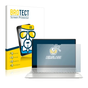 Parte frontal de un envase de producto con el logotipo de la marca BROTECT. Al lado se muestra el dispositivo HP Envy x360 2-i