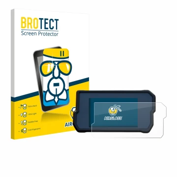 Parte frontal de un envase de producto con el logotipo de la marca BROTECT. Al lado se muestra el dispositivo KTM 390 Duke 201