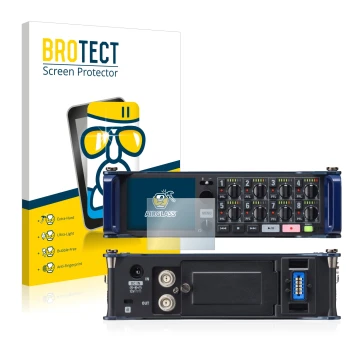 Parte frontal de un envase de producto con el logotipo de la marca BROTECT. Al lado se muestra el dispositivo Zoom F8 field re