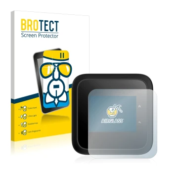 Parte frontal de un envase de producto con el logotipo de la marca BROTECT. Al lado se muestra el dispositivo Netgear Nighthaw