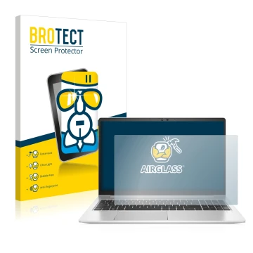 Parte frontal de un envase de producto con el logotipo de la marca BROTECT. Al lado se muestra el dispositivo HP EliteBook 650