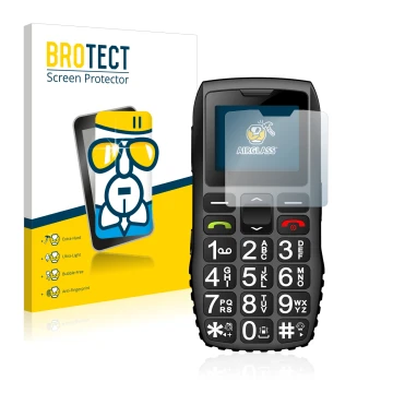 Parte frontal de un envase de producto con el logotipo de la marca BROTECT. Al lado se muestra el dispositivo artfone C1 + con