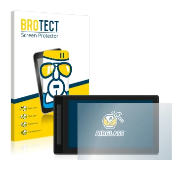 Parte frontal de un envase de producto con el logotipo de la marca BROTECT. Al lado se muestra el dispositivo Huion Kamvas Pro