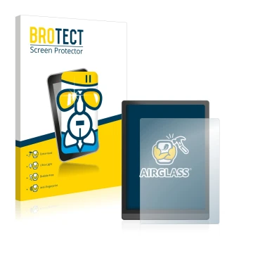 Parte frontal de un envase de producto con el logotipo de la marca BROTECT. Al lado se muestra el dispositivo Boox Tab X con s