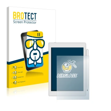 Parte frontal de un envase de producto con el logotipo de la marca BROTECT. Al lado se muestra el dispositivo Boox Nova Air 2 