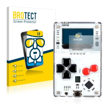 Parte frontal de un envase de producto con el logotipo de la marca BROTECT. Al lado se muestra el dispositivo Arduboy FX con s