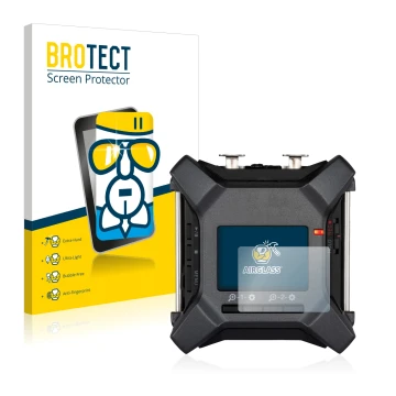 Parte frontal de un envase de producto con el logotipo de la marca BROTECT. Al lado se muestra el dispositivo Zoom F3 field re