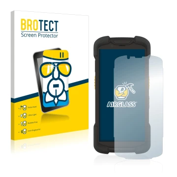 Parte frontal de un envase de producto con el logotipo de la marca BROTECT. Al lado se muestra el dispositivo Zebra TC73 con s