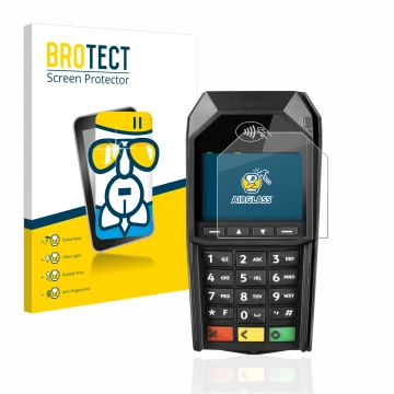 Parte frontal de un envase de producto con el logotipo de la marca BROTECT. Al lado se muestra el dispositivo ingenico Desk/16