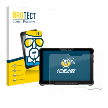 Parte frontal de un envase de producto con el logotipo de la marca BROTECT. Al lado se muestra el dispositivo Dell Latitude 72