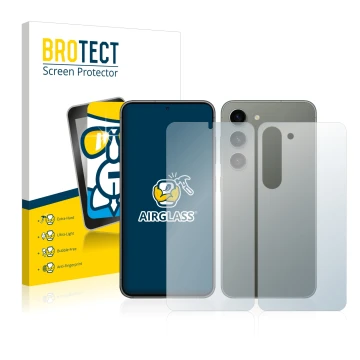 Parte frontal de un envase de producto con el logotipo de la marca BROTECT. Al lado se muestra el dispositivo Samsung Galaxy S