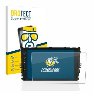 Parte frontal de un envase de producto con el logotipo de la marca BROTECT. Al lado se muestra el dispositivo Dynavin D8-DF63 
