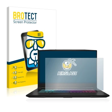 Parte frontal de un envase de producto con el logotipo de la marca BROTECT. Al lado se muestra el dispositivo MSI Katana 17 B1