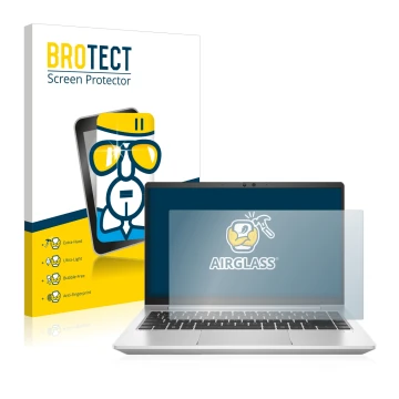 Parte frontal de un envase de producto con el logotipo de la marca BROTECT. Al lado se muestra el dispositivo HP ProBook 445 G