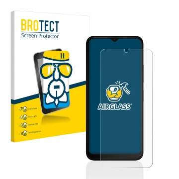 Parte frontal de un envase de producto con el logotipo de la marca BROTECT. Al lado se muestra el dispositivo Nokia C32 con su