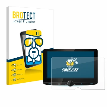 Parte frontal de un envase de producto con el logotipo de la marca BROTECT. Al lado se muestra el dispositivo Kenwood DNR992RV