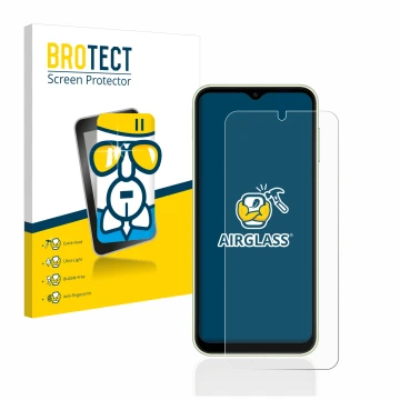 Parte frontal de un envase de producto con el logotipo de la marca BROTECT. Al lado se muestra el dispositivo Samsung Galaxy A