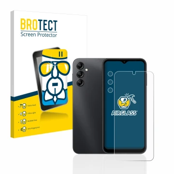 Parte frontal de un envase de producto con el logotipo de la marca BROTECT. Al lado se muestra el dispositivo Samsung Galaxy A