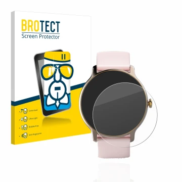 Parte frontal de un envase de producto con el logotipo de la marca BROTECT. Al lado se muestra el dispositivo Hama Fit Watch 4