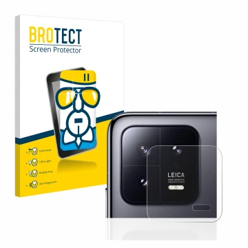 Parte frontal de un envase de producto con el logotipo de la marca BROTECT. Al lado se muestra el dispositivo Xiaomi 13 (SÓLO 