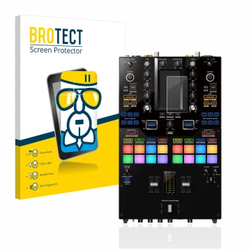 Parte frontal de un envase de producto con el logotipo de la marca BROTECT. Al lado se muestra el dispositivo Pioneer DJM-S11 
