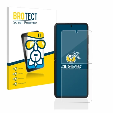 Parte frontal de un envase de producto con el logotipo de la marca BROTECT. Al lado se muestra el dispositivo Oppo Find N2 Fli