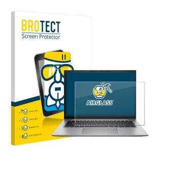 Parte frontal de un envase de producto con el logotipo de la marca BROTECT. Al lado se muestra el dispositivo HP Zbook Firefly