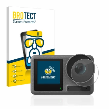 Parte frontal de un envase de producto con el logotipo de la marca BROTECT. Al lado se muestra el dispositivo DJI Osmo Action 