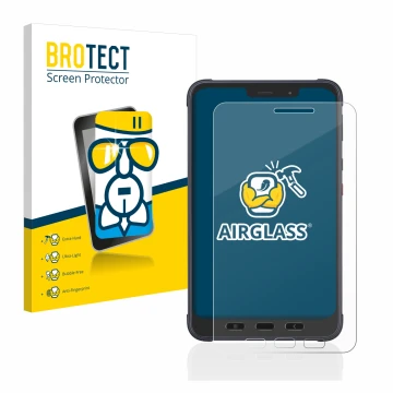 Parte frontal de un envase de producto con el logotipo de la marca BROTECT. Al lado se muestra el dispositivo Samsung Galaxy T