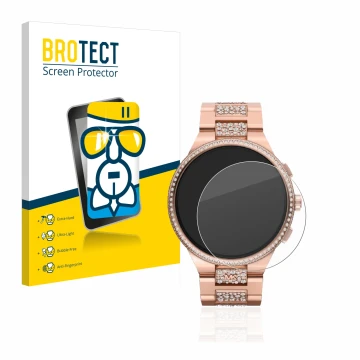 Parte frontal de un envase de producto con el logotipo de la marca BROTECT. Al lado se muestra el dispositivo Michael Kors Cam