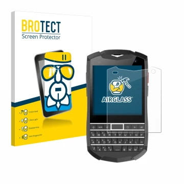 Parte frontal de un envase de producto con el logotipo de la marca BROTECT. Al lado se muestra el dispositivo Unihertz Titan P