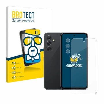 Parte frontal de un envase de producto con el logotipo de la marca BROTECT. Al lado se muestra el dispositivo Samsung Galaxy A