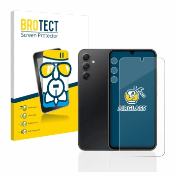 Parte frontal de un envase de producto con el logotipo de la marca BROTECT. Al lado se muestra el dispositivo Samsung Galaxy A