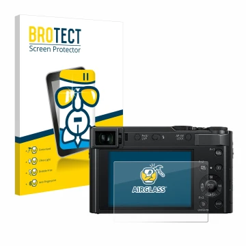 Parte frontal de un envase de producto con el logotipo de la marca BROTECT. Al lado se muestra el dispositivo Panasonic Lumix 