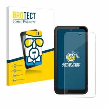 Parte frontal de un envase de producto con el logotipo de la marca BROTECT. Al lado se muestra el dispositivo Gigaset GX4 con 