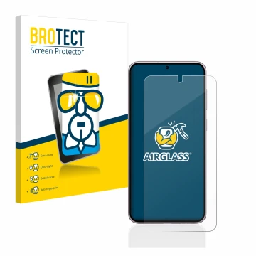 Parte frontal de un envase de producto con el logotipo de la marca BROTECT. Al lado se muestra el dispositivo Samsung Galaxy S