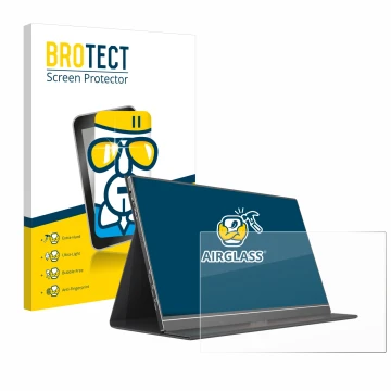 Parte frontal de un envase de producto con el logotipo de la marca BROTECT. Al lado se muestra el dispositivo Arzopa S1 Table 