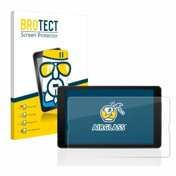 Parte frontal de un envase de producto con el logotipo de la marca BROTECT. Al lado se muestra el dispositivo MEDION Tablet E1