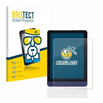 Parte frontal de un envase de producto con el logotipo de la marca BROTECT. Al lado se muestra el dispositivo Meebook M6 6