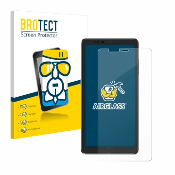 Parte frontal de un envase de producto con el logotipo de la marca BROTECT. Al lado se muestra el dispositivo Hisense A9 con s