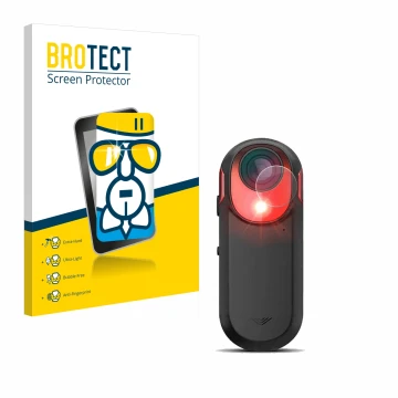 Parte frontal de un envase de producto con el logotipo de la marca BROTECT. Al lado se muestra el dispositivo Garmin Varia RCT