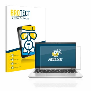 Parte frontal de un envase de producto con el logotipo de la marca BROTECT. Al lado se muestra el dispositivo HP EliteBook 640