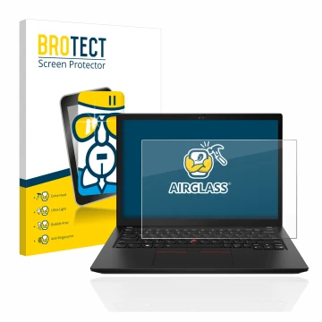 Parte frontal de un envase de producto con el logotipo de la marca BROTECT. Al lado se muestra el dispositivo Lenovo ThinkPad 