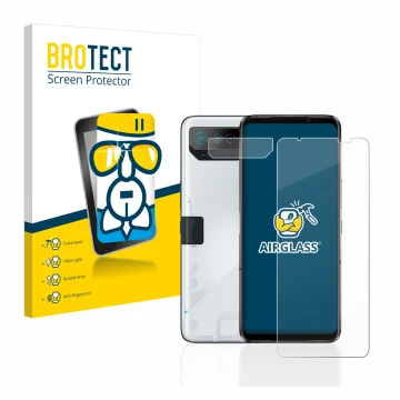 Parte frontal de un envase de producto con el logotipo de la marca BROTECT. Al lado se muestra el dispositivo ASUS ROG Phone 7