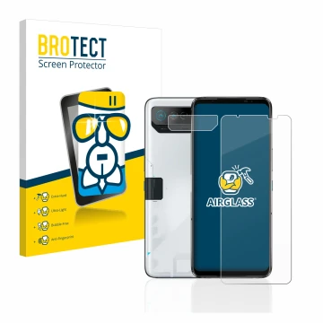 Parte frontal de un envase de producto con el logotipo de la marca BROTECT. Al lado se muestra el dispositivo ASUS ROG Phone 7