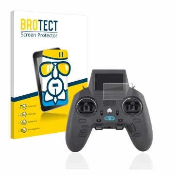 Parte frontal de un envase de producto con el logotipo de la marca BROTECT. Al lado se muestra el dispositivo Radiomaster Zorr